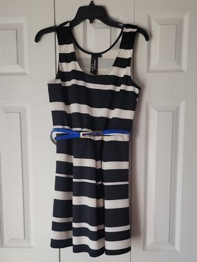 Trixxi Black and White Striped Sleeveless Mini Dress with Blue Belt
